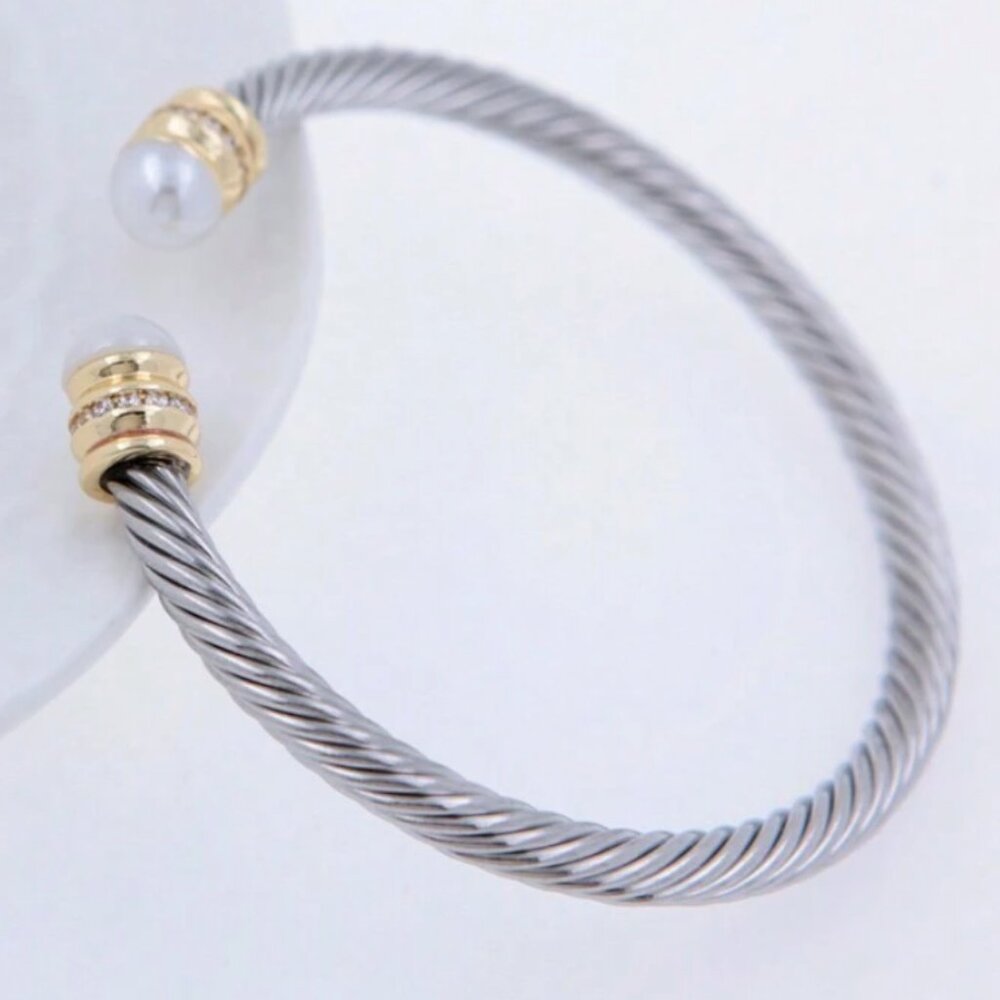 Elegant Women's 3mm Stainless Steel Cable Bangel Bracelet Faux Pearl CZ Accents